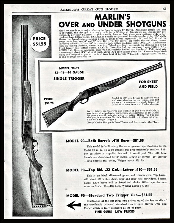1945 MARLIN 90-ST 12 16or 20 gauge Shotgun Vintage Old Gun PRINT AD-img-0