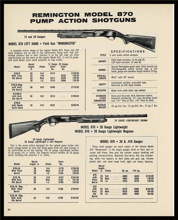 1973 REMINGTON 870 12/20 Left hand Wingmaster /Lightweight Shotgun PRINT AD-img-0