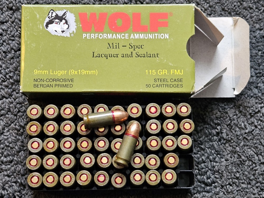 50 ROUNDS WOLF MIL-SPEC 9MM LUGER GREEN BOX 9X19 PRIMER CASE-NECK SEALED -img-0