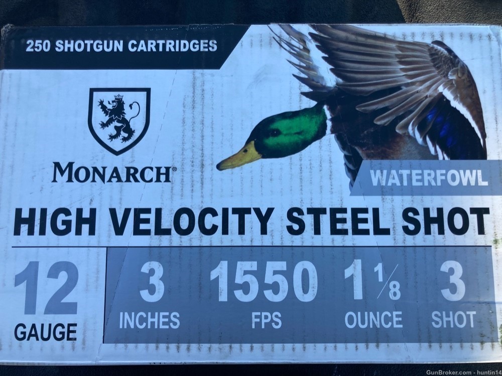 250 Rounds 12ga Monarch 3” 1 & 1/8oz 3 Steel Shot Duck Load-img-1