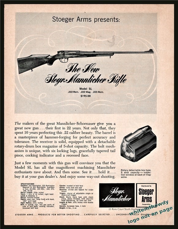 1968 STEYR-MANNLICHER Model SL Rifle Stoeger Arms PRINT AD-img-0