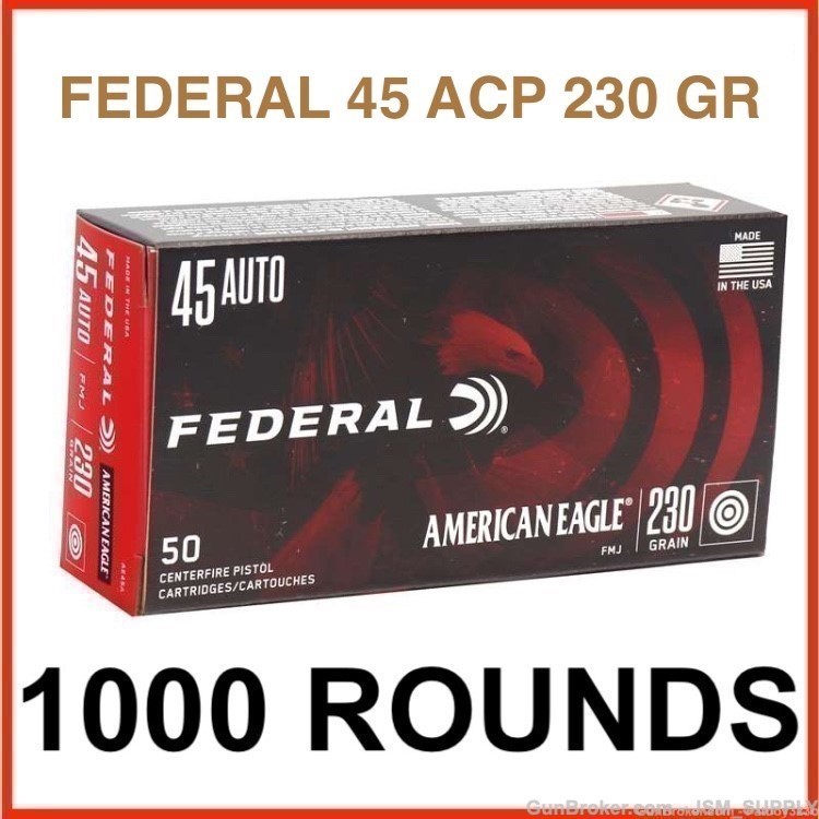 1000 Rounds - Federal American Eagle 45 ACP Auto Ammo 230 Grain FMJ-img-1