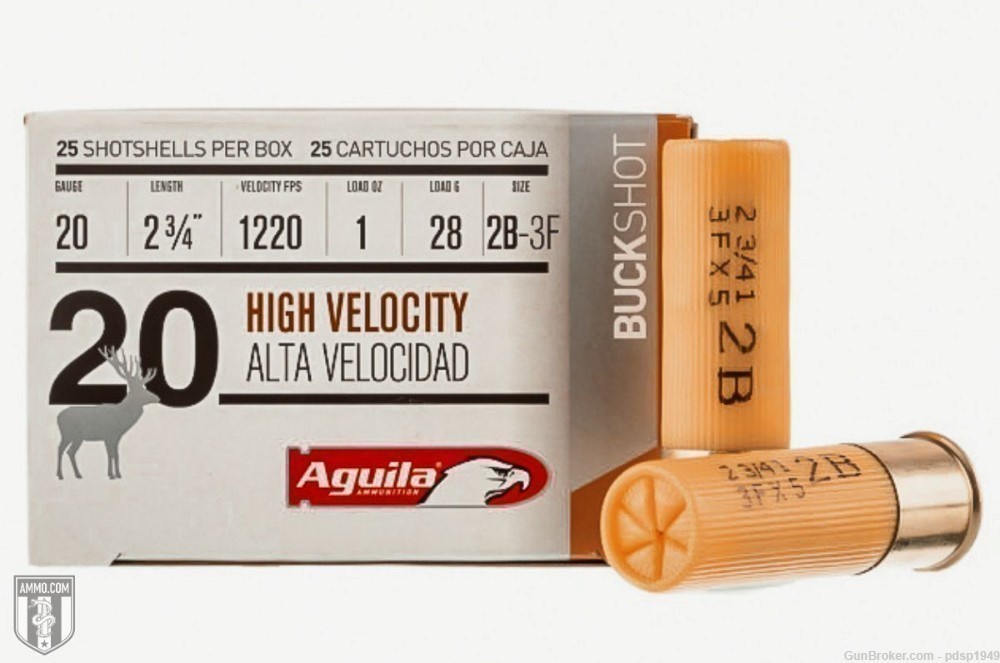 Aguila High Velocity BuckShot 20ga 2.75" 1220FPS 1oz 2B-3F 25rd Box-img-0