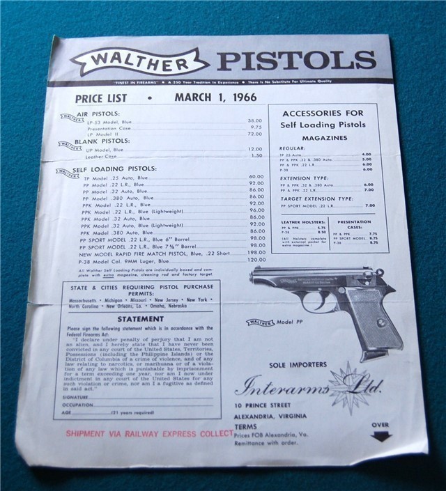 Vintage Walther Pistols & Rifles 1966 Price List-img-1