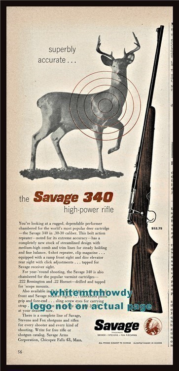 1956 SAVAGE 340 & Deluxe 340-S High Power Deer Hunting Rifle AD-img-0