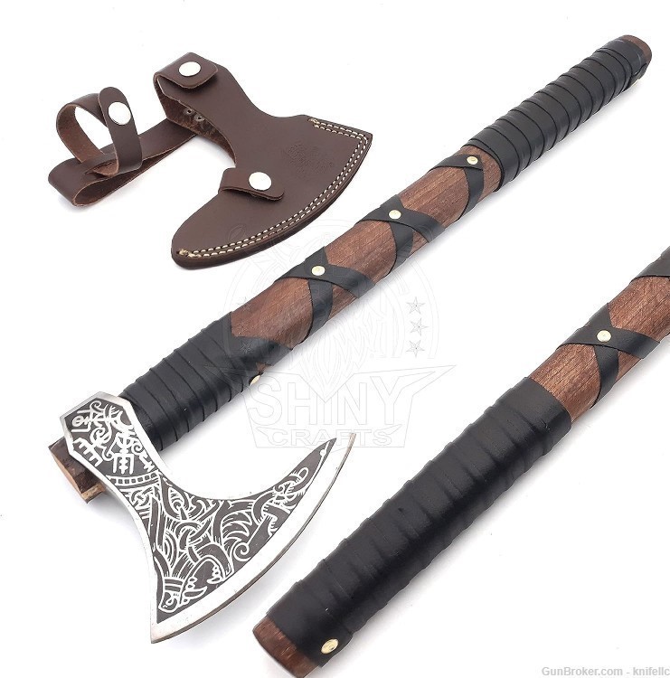 Wolf & Vegvisir Carbon Steel Viking Axe Head, Wolf Camp Axe Hunting Knife-img-0