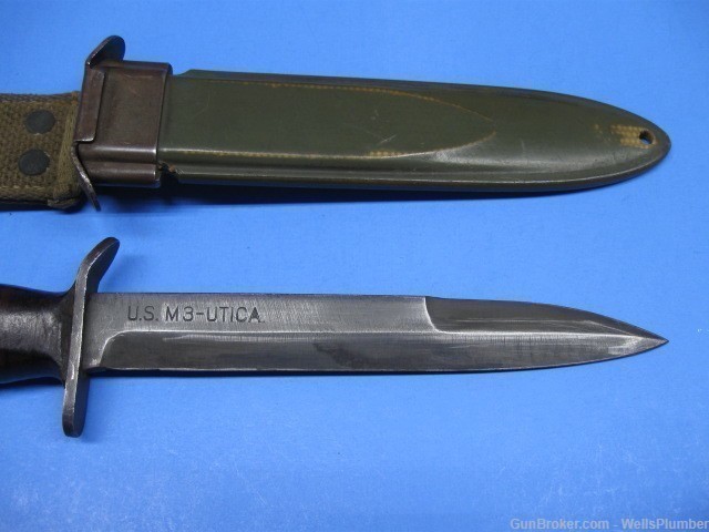 US WWII M3 BLADE MARKED UTICA FIGHTING KNIFE WITH US M8 SCABBARD (NICE)-img-2