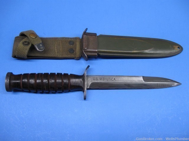 US WWII M3 BLADE MARKED UTICA FIGHTING KNIFE WITH US M8 SCABBARD (NICE)-img-0