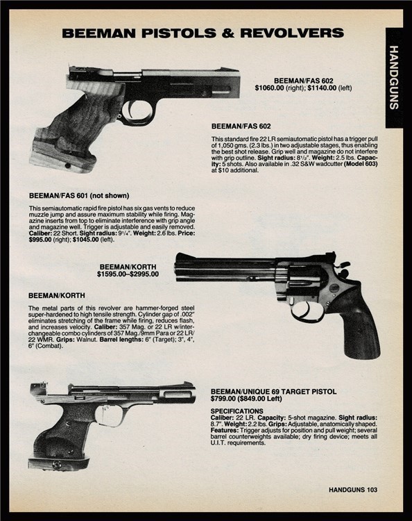 1986 BEEMAN AS 602 Unique 69 Pistol Korth Revolver PRINT AD-img-0