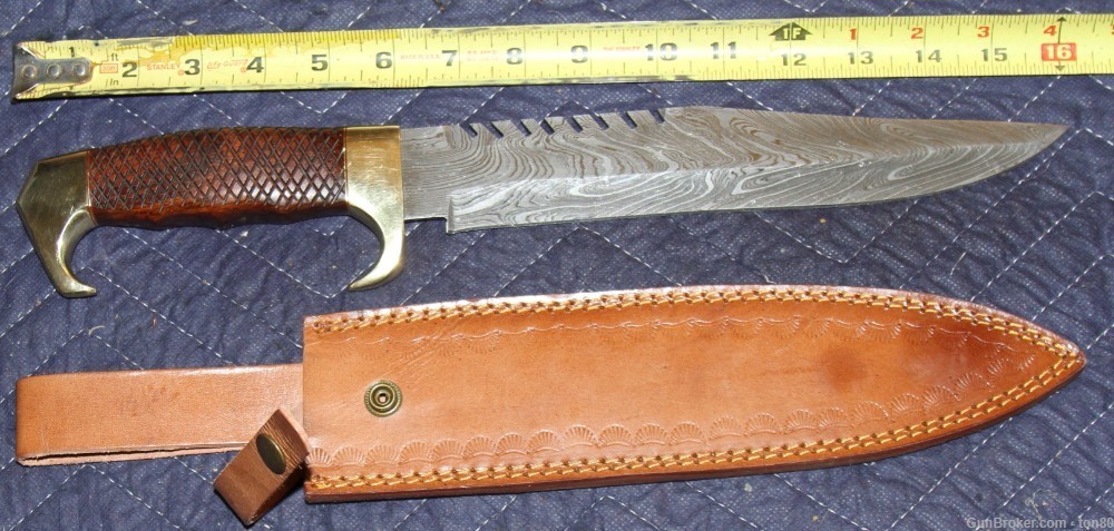 RARE HAND MADE DAMASCUS BOWIE KNIFE BRASS GUARD 16 INCH-img-0