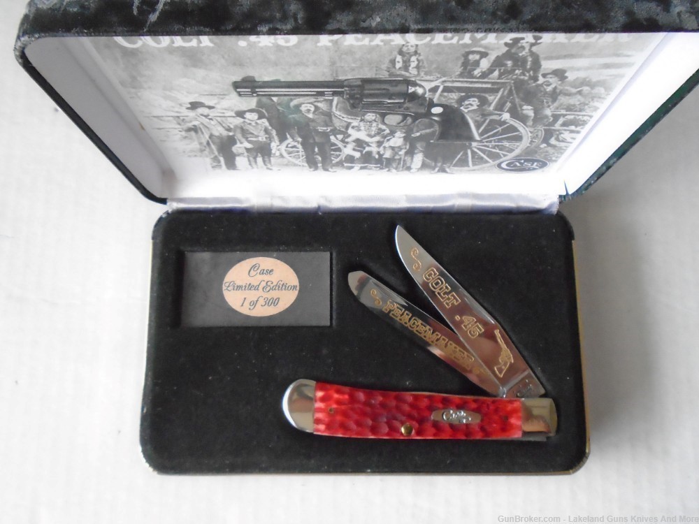 RARE SERIAL 2 OF 300 CASE XX Colt 45 PEACEMAKER Dark Red Bone Trapper Knife-img-10