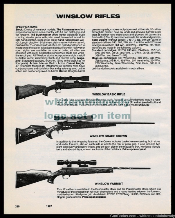 1987 WINSLOW Basic, Grade Crown and Varmint Rifle Original PRINT AD-img-0