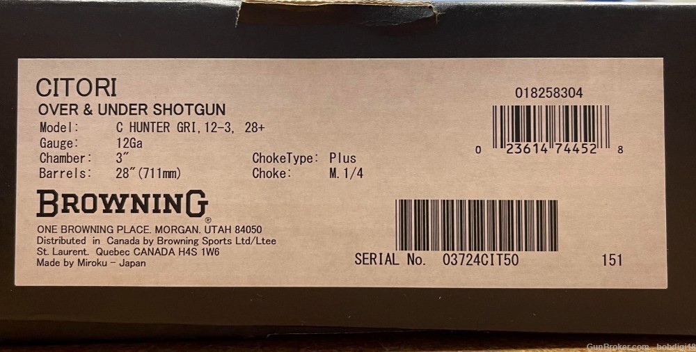 Browning Citori Hunter Walnut Blued 12 Ga 3in 28in 018258304 No CC FEES-img-4