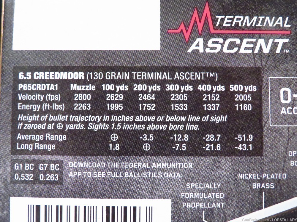 20 ROUNDS FEDERAL TERMINAL ASCENT 6.5 CREEDMOOR 130 gr 2800 FPS P65CRDTA1-img-1