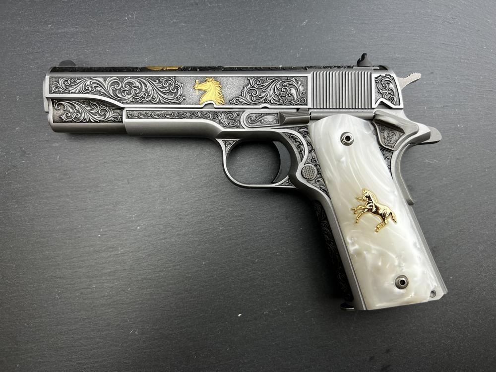 Colt 1911 .45 ACP Engraved Scroll Rampant Colt Gold Plated by Altamont-img-0
