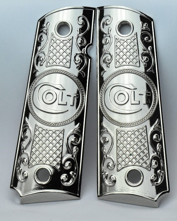 Nickel Plated Metal Colt 1911 Govt/Commander Size Grips BRAND NEW-img-0