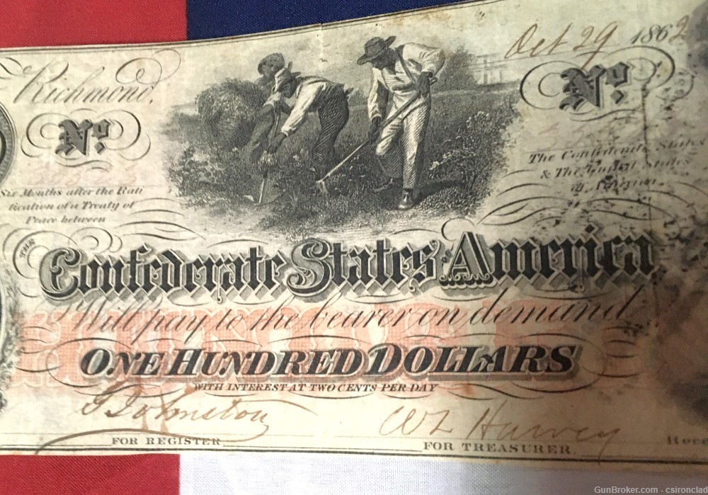 $ 100 Confederate States Note, three men hoeing cotton 1862 issue-img-3