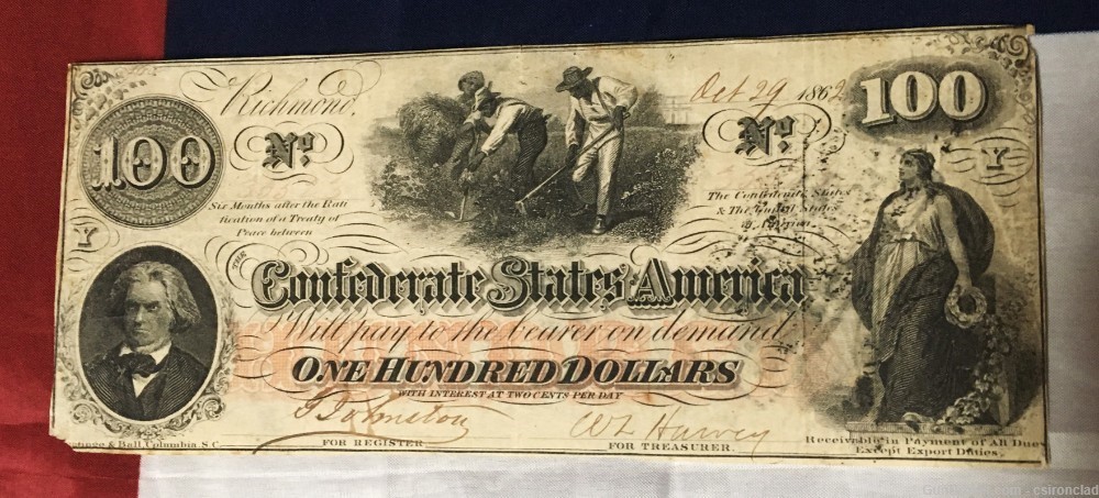 $ 100 Confederate States Note, three men hoeing cotton 1862 issue-img-5