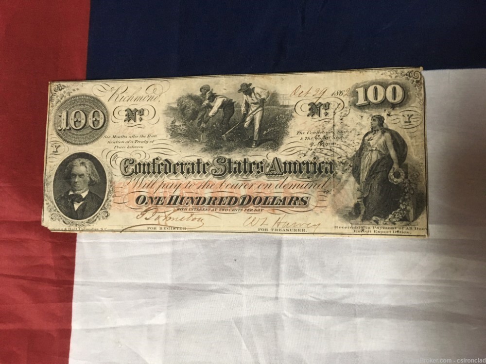 $ 100 Confederate States Note, three men hoeing cotton 1862 issue-img-9