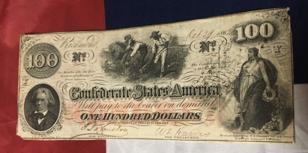 $ 100 Confederate States Note, three men hoeing cotton 1862 issue-img-1