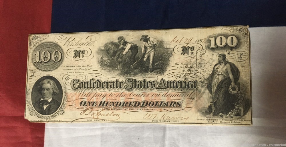 $ 100 Confederate States Note, three men hoeing cotton 1862 issue-img-8