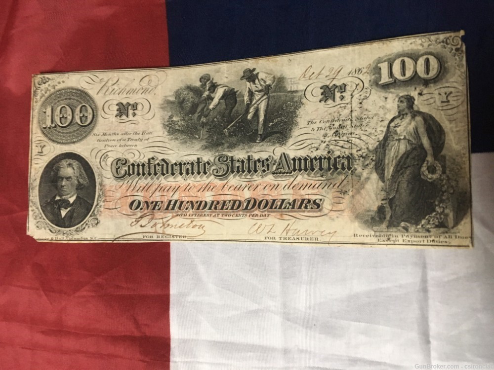 $ 100 Confederate States Note, three men hoeing cotton 1862 issue-img-0