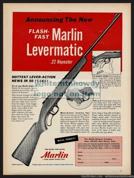 1955 MARLIN New Model 56 Levermatic .22 Repeater Rifle PRINT AD-img-0
