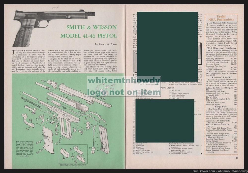 1961 SMITH & WESSON 41-46 Pistol Schematic Parts List Assembly Article-img-0