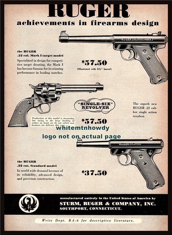 1954 RUGER Mark I and Standard Model Pistol Single-Six Revolver AD-img-0