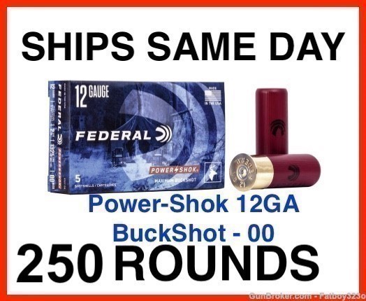 250 Rounds - Federal Power-Shok 12 Gauge Ammo 2-3/4" 00 Buckshot 9 Pellets-img-0