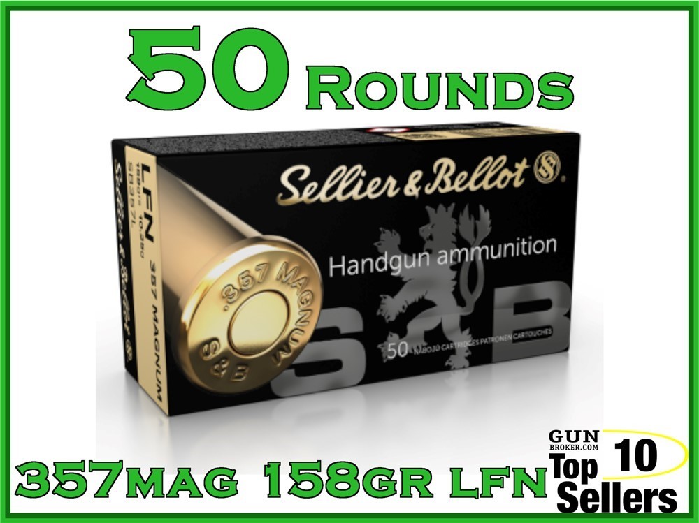 S&B 357 Magnum 158 gr Lead FLAT NOSE Brass Case Ammo LFN SB357L 50rd BOX-img-0