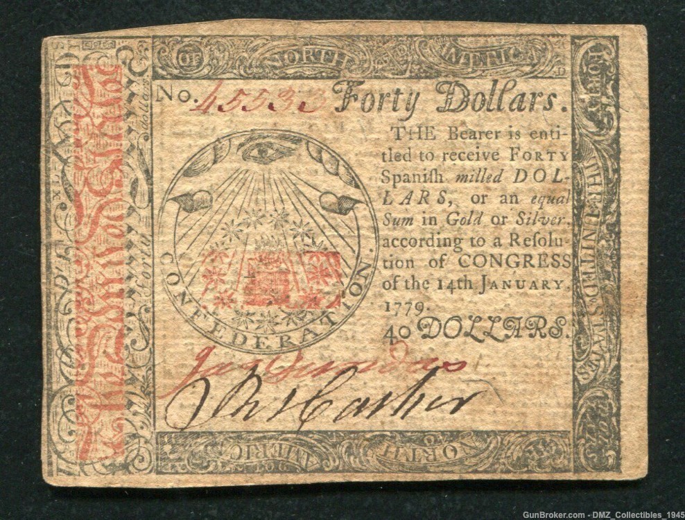 US Revolutionary War Era 1779 $40 Continental Currency Note Money -img-0