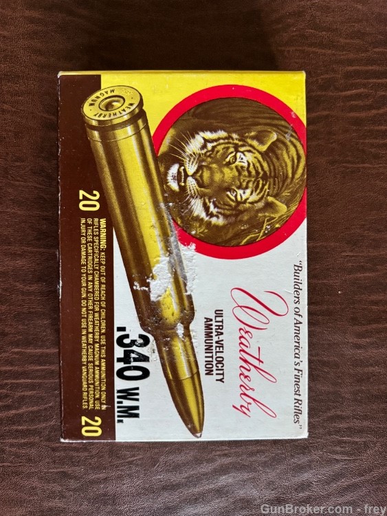 340 Weatherby 200 Gr. SP 20-Rnds . (Early Tiger Box Ammo) Excellent -img-0