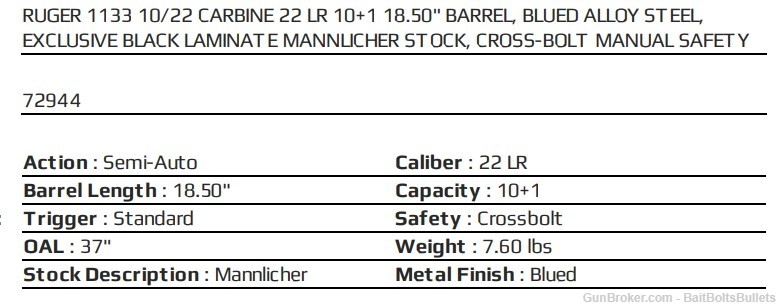Ruger 10/22 Carbine 22LR 18.5" Black Laminate Mannlicher Stock NIB-img-1