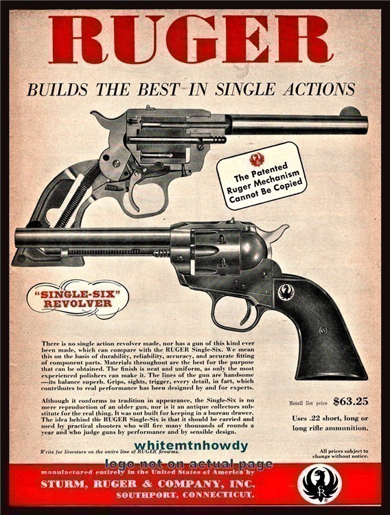 1957 RUGER Single Six Revolver PRINT AD w/cutaway view-img-0