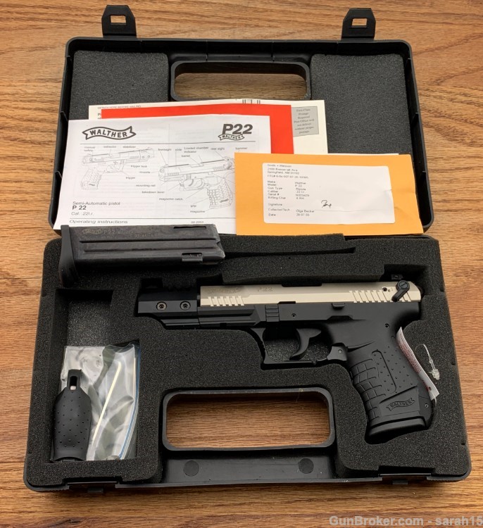 WALTHER 5" COMPENSATED 2-TONE MODEL P22 ORIGINAL BOX & PAPERS RARE .22 LR-img-0