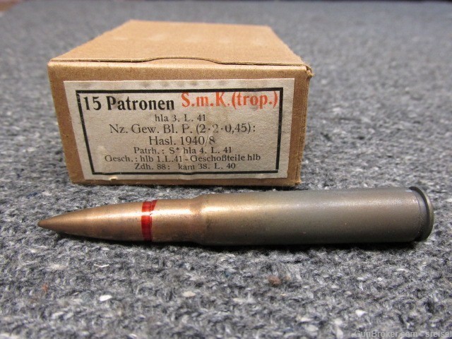 WWII GERMAN S.m.K. TROPICAL 8mm MAUSER AMMO DATED 1941-BRASS CASE-VERY RARE-img-0