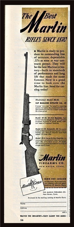 1945 MARLIN Model 39-A .22 Bolt Action Rifle PRINT AD-img-0