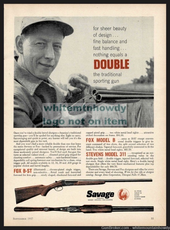 1957 FOX B and STEVENS 311Side-by-Side DB Shotgun PRINT AD-img-0