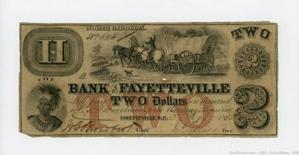 1850s $2 North Carolina Bank Note Money Currency-img-0