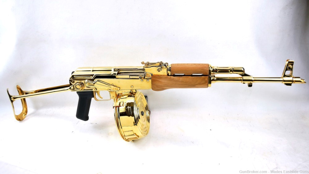 24 KARAT GOLD PLATED AK WASR-10 UNDERFOLDER WITH 75 ROUND GOLD DRUM MAG-img-0