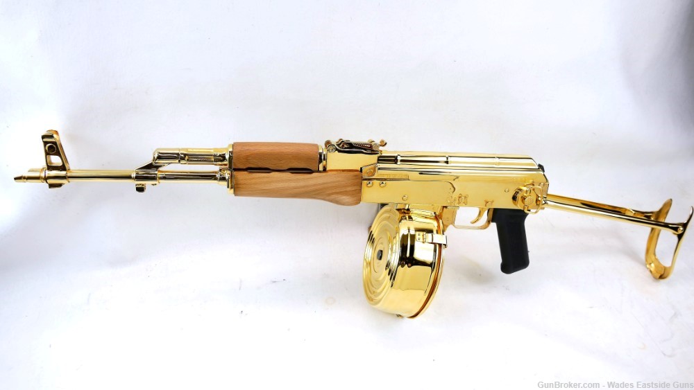 24 KARAT GOLD PLATED AK WASR-10 UNDERFOLDER WITH 75 ROUND GOLD DRUM MAG-img-9