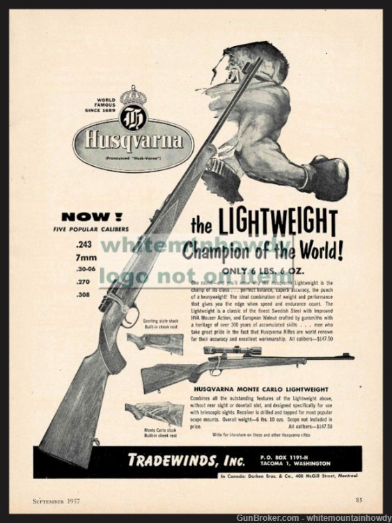 1957 HUSQVARNA Lightweight Rifle PRINT AD Sporting and Monte Carlo Stock-img-0