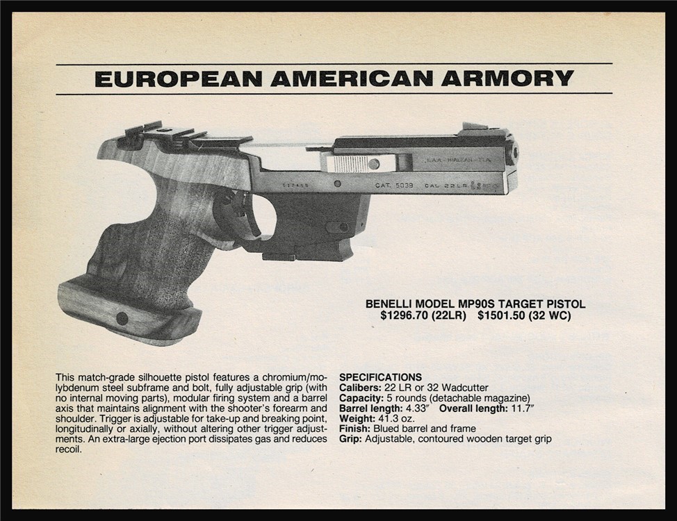 1995 BENELLI Model MP90S Target Pistol Original 1/2-page PRINT AD-img-0