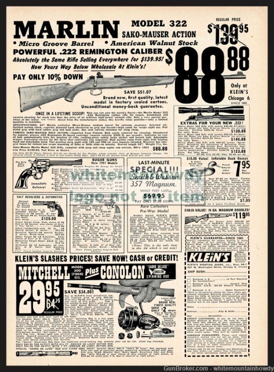 1957 MARLIN 322 Rifle w/Sako Mauser Action Klein's Sporting Goods PRINT AD-img-0