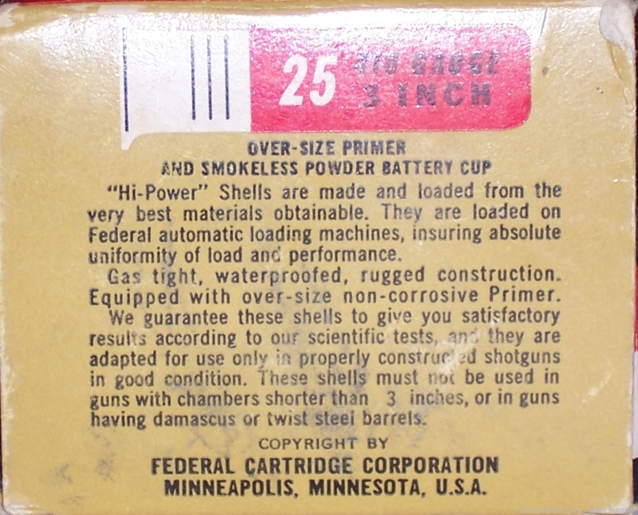 Federal Hi-Power 410-3” Bore ¾ Ounce #6 Lead Shot 25 Rounds 1962 Vintage-img-9