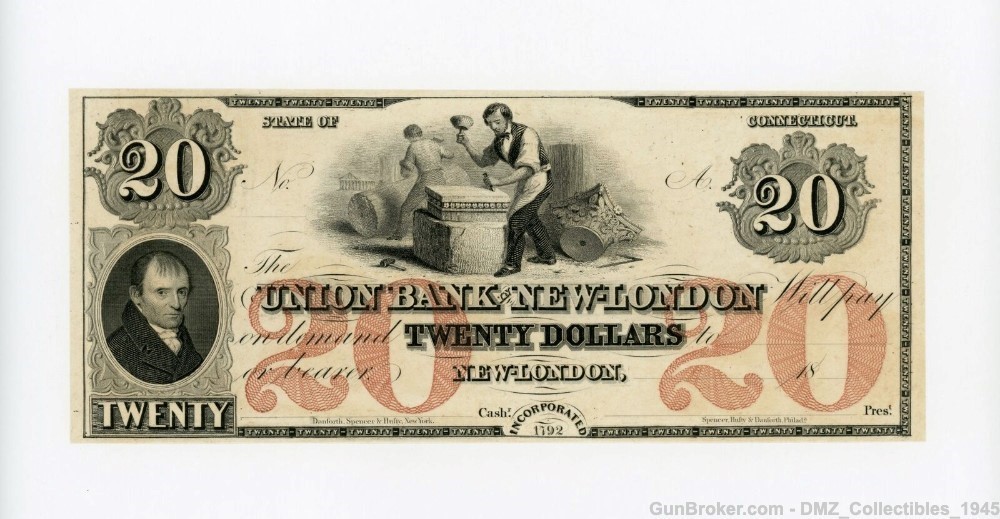 1800s $20 Connecticut Bank Note Money Currency-img-0