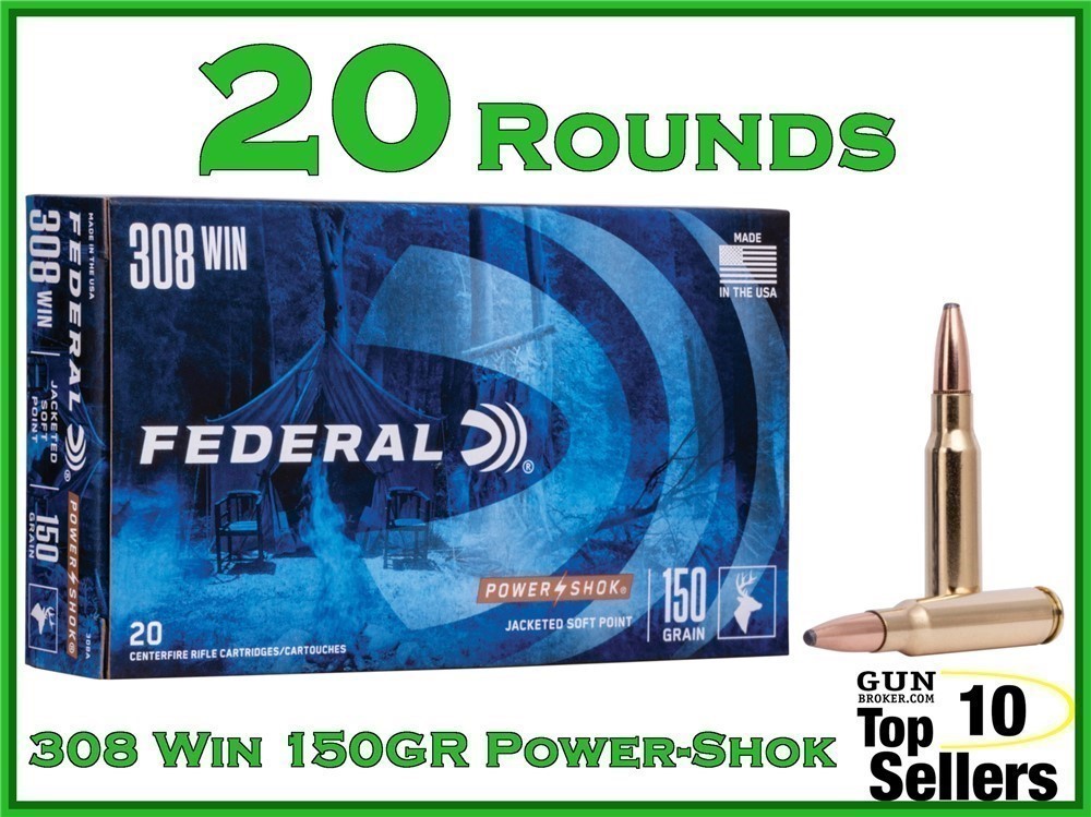 FEDERAL POWER-SHOK 308 JACKETED SOFT POINT 308A 150 GR FED AMMO 20 CT BOX-img-0
