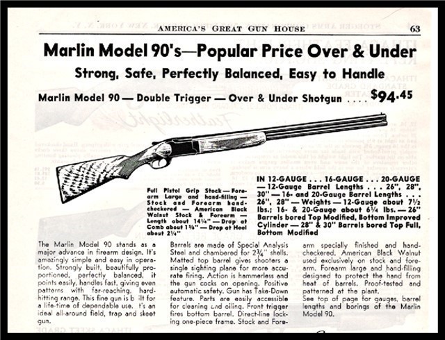 1952 MARLIN 90 Over Under Shotgun PRINT AD-img-0