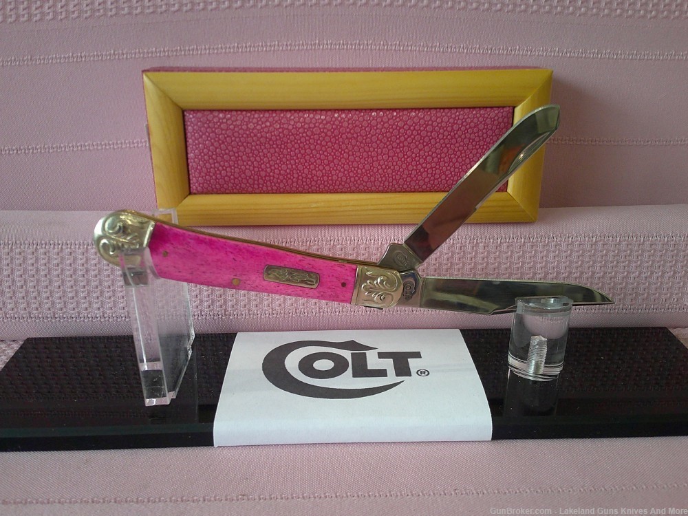 NIB Discontinued Lady Colt Engraved 2 Blade Pink Bone Trapper Knife! -img-12